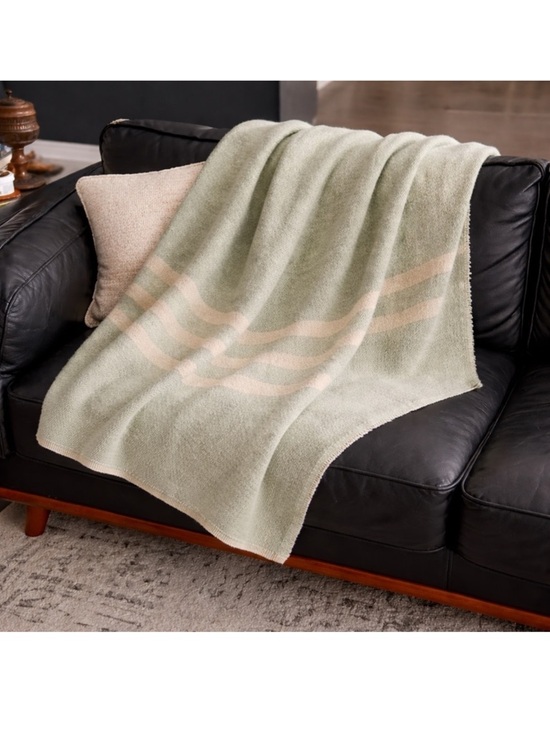 Other - Vintage Wool Blanket Sage Green w/Cream Stripes | Cozy Winter Cabin Throw
